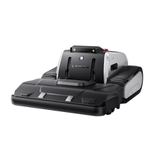 Lymow One Plus robot mower front view showing cutting deck and LED display panel